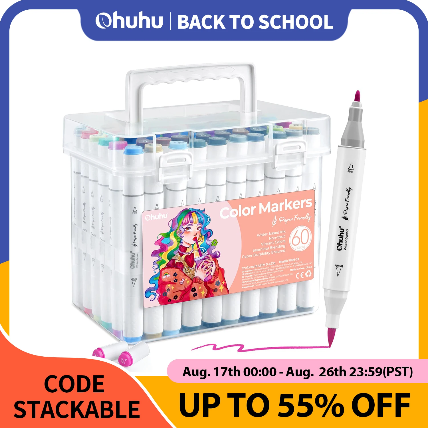 Ohuhu-Marker, papierfreundliche Malmarker auf Wasserbasis, 60 Farben, Dual-Pinsel-Fineliner-Spitzen, Marker, Malbücher, Kunstmarker
