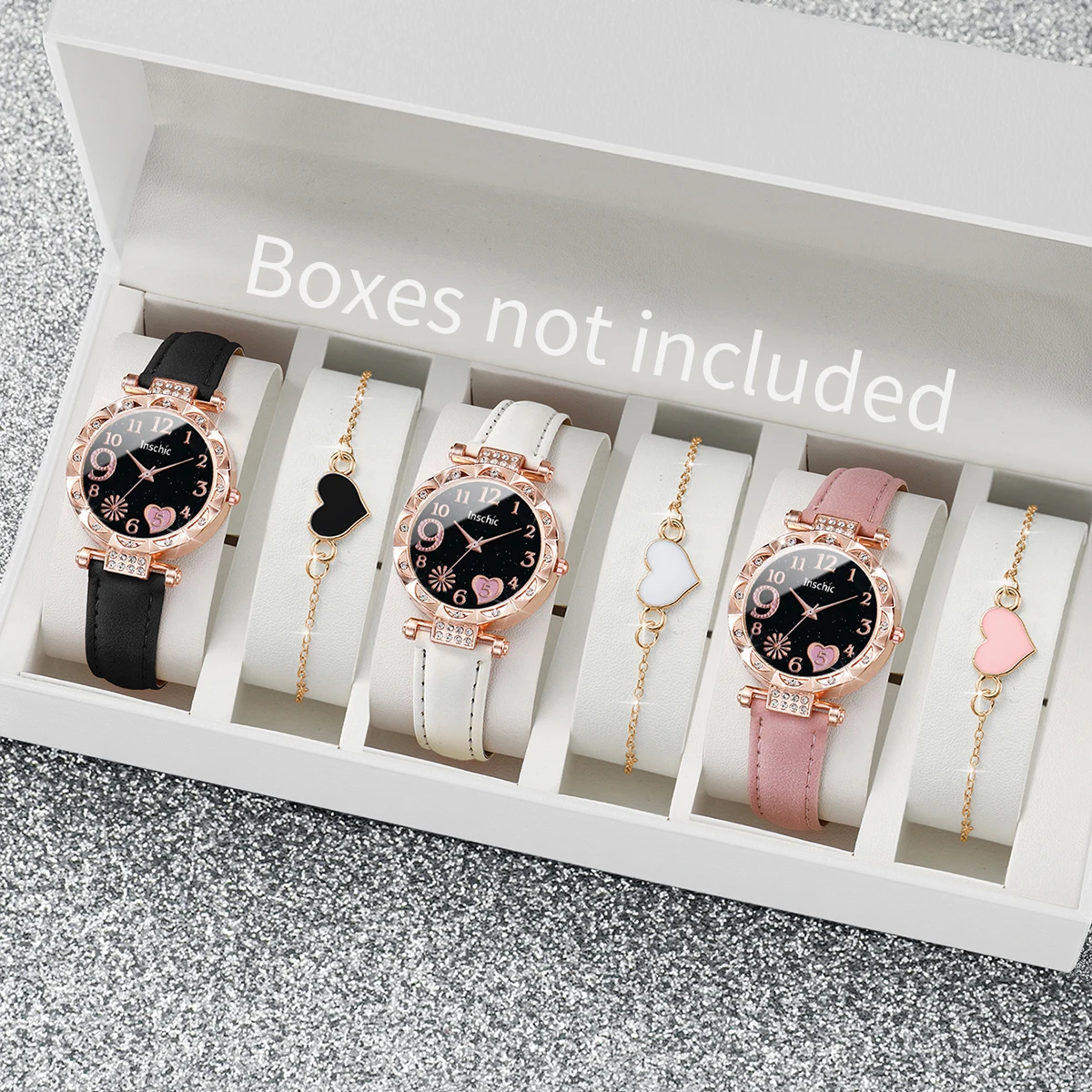 6PCS/Set Women\'s Watch Fashion Rhinestone Heart Quartz Watch Leather Band Wristwatches Bracelets Set（Without Box）