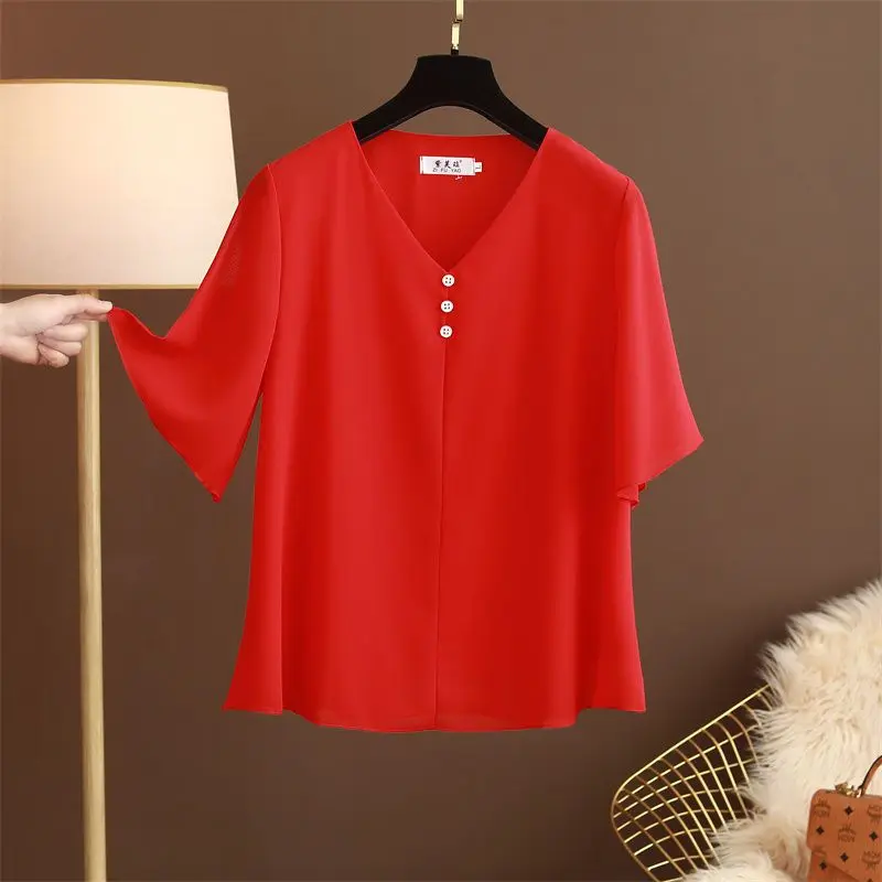 Big Size New Women Loose Chiffon T-shirt Summer Short Sleeve Female Clothing Elegant Vintage All-match V-Neck Thin Pullover Tops