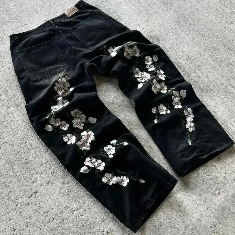 Y2K Mode Jeans Vintage Harajuku Niedrige Taille Hip Hop Kirschblüte Gestickte Jeans Gothic Casual Breite Bein Denim Hosen