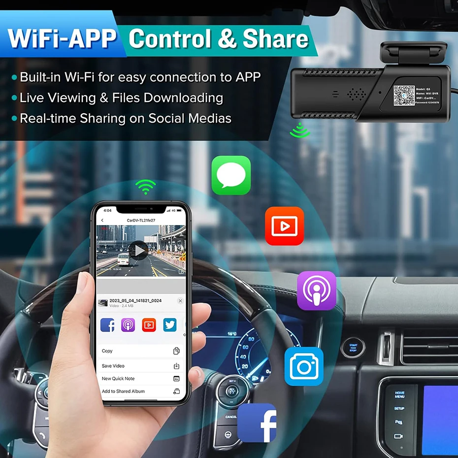 2K كاميرا داشكام لسيارة DVR داش كام في السيارة Q3 مسجل فيديو التحكم الصوتي في حالات الطوارئ للرؤية الليلية واي فاي APP رصد WDR