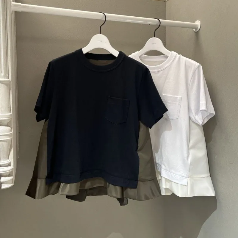 

25SS Новая футболка из смеси хлопка из полиэстера с короткими рукавами, женская свободная повседневная футболка с круглым вырезом и кружевной отделкой, топ y2k