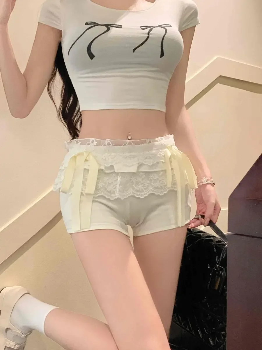 Vrouwelijke korte broek Wit Kawaii Laagbouw Taille Kant Schattig om te dragen Ontwerpprijs Esthetische Goedkope outfits Y2k Vintage damesshorts