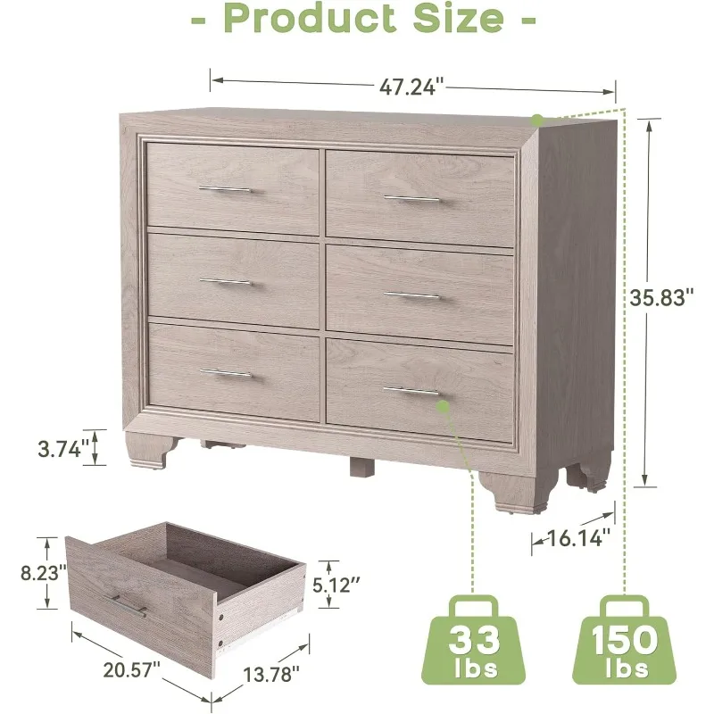 Gray Dresser for Bedroom, Modern Wood 6 Drawer Dresser, Chests of Drawers for Closet Hallway, Living Room, Entryway