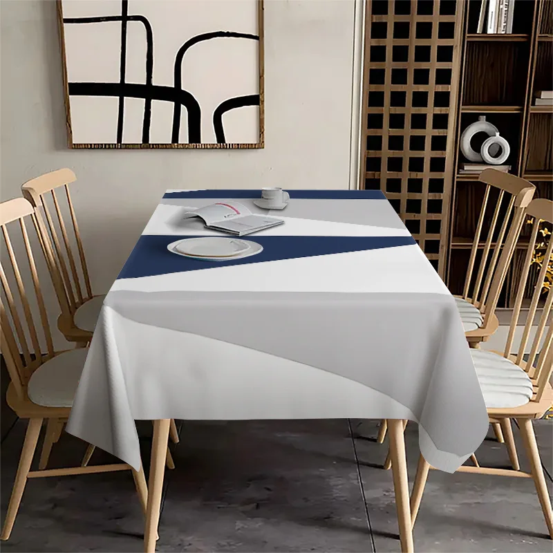 An irregular patchwork tablecloth, a blue and white polyester crepe tablecloth.