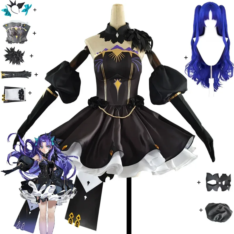 لعبة مصير/الطلب الكبير Ereshkigal تأثيري حلي فستان سهرة أسود قبالة الكتف تنورة شعر مستعار امرأة مثير حفلة عيد ميلاد البدلة ؛ 8's ،