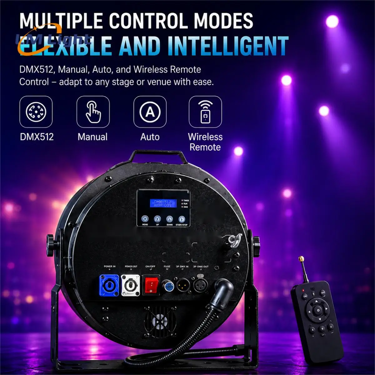 The new 600W DMX/remote control smoke machine is suitable for DJ performances, stage events, special effects, smoke ring guns