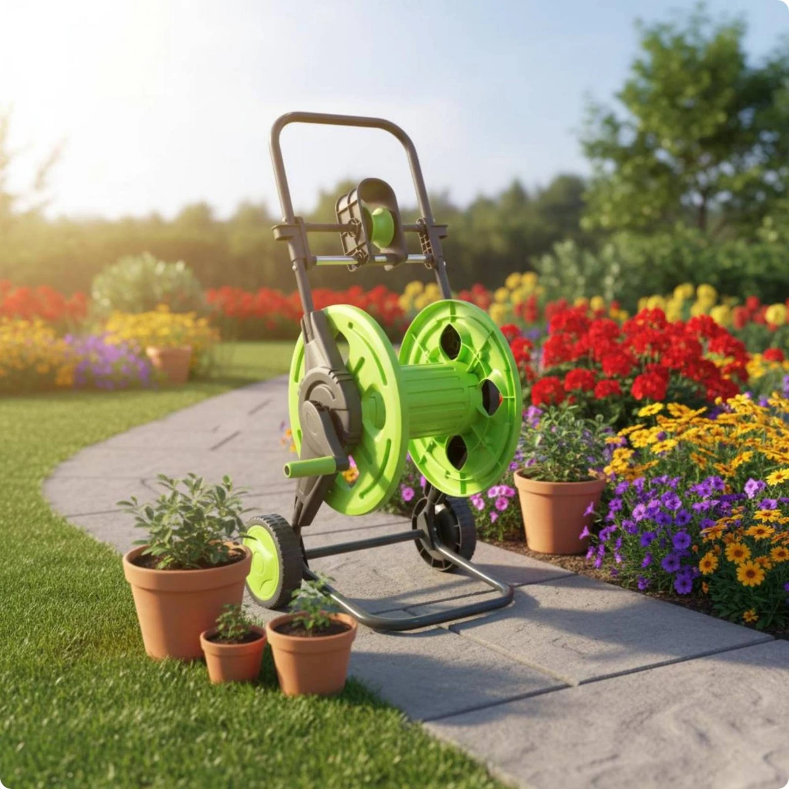 

Push Hose Reel Carrier Metal Frame Wheeled Hose Reel Carrier Outdoor Storage Triangular Base ABS Plastic for Yard, Car Washing