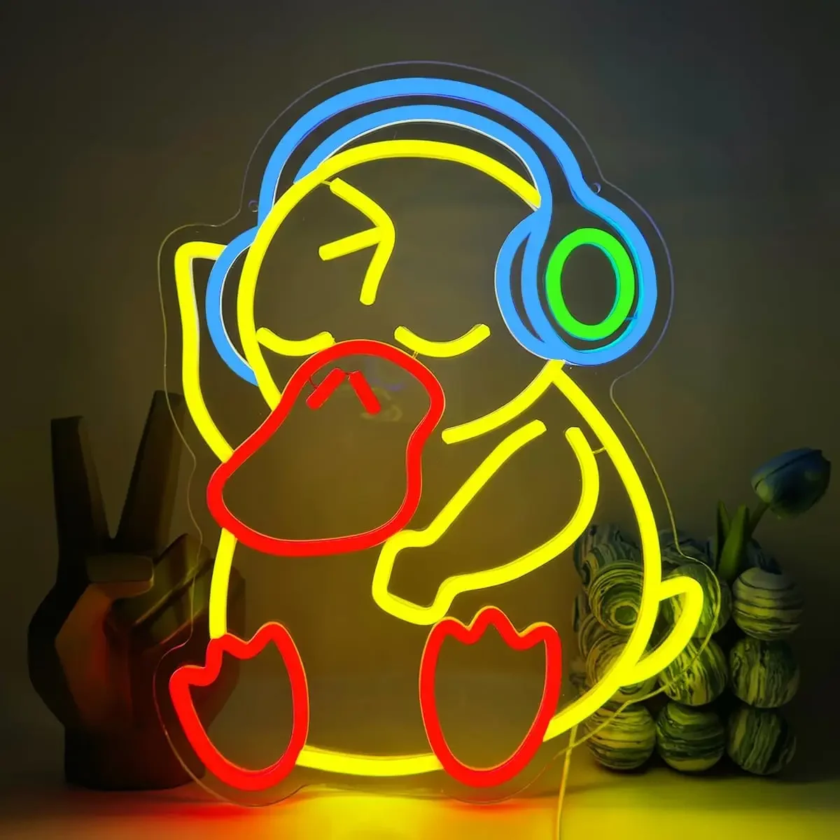Duck Headphone Neon Sign Cute Music LED Wall Art Acrylic USB Powered Dimmable Light Funny Animal Decor for Bedroom Game Room