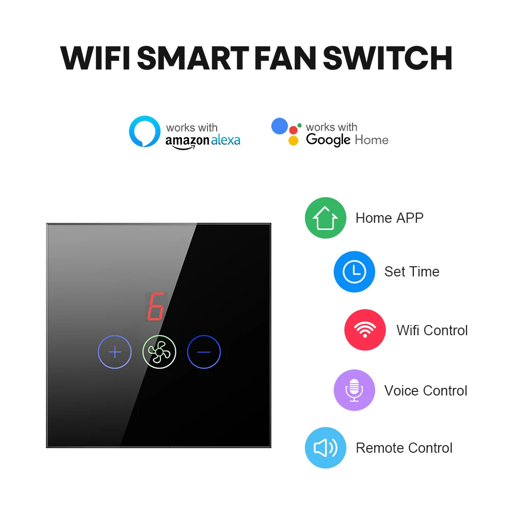 AVATTO Tuya Smart WiFi Ceiling Fan Switch with Screen,Tuya/Smart Life App Remote Timer Speed Control,Work with Alexa Google Home