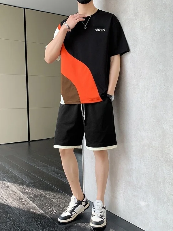 Conjunto Esportivo Casual Masculino de Verão em Seda Gelada Fina com Camiseta e Shorts de Fibra de Poliéster – Fresco e Estiloso