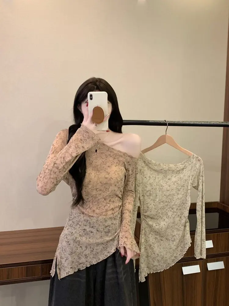 スイート スレ ロング スヴェ タイダイ スリムフィット ショルダーTシャツ レディース ソフトで美しい 薄手 ショルダートップ 初秋向け