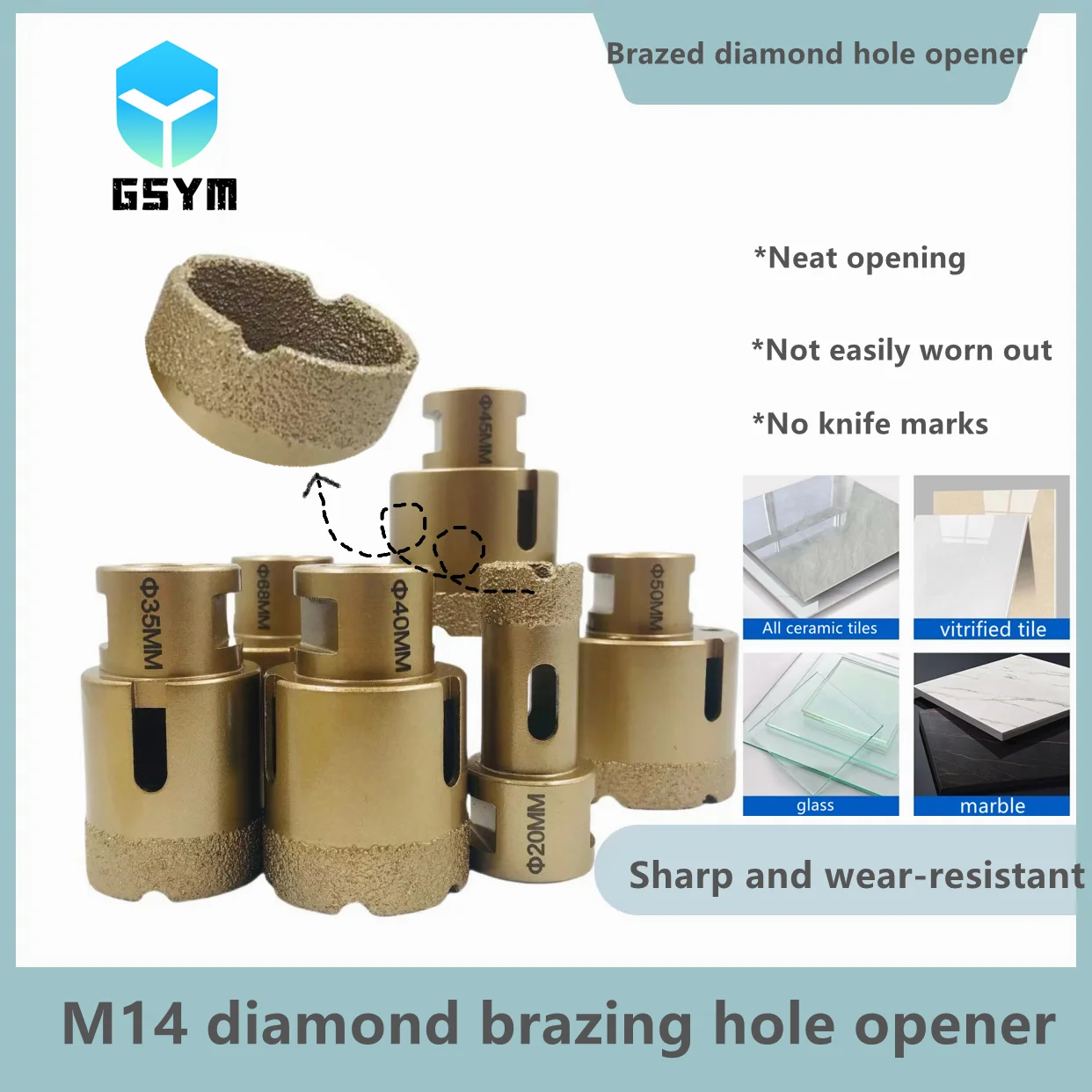 

GSYM M14 thread 20mm-68mm brazing diamond dry drill bit, ceramic tile, ceramic granite marble drilling tool hole saw set