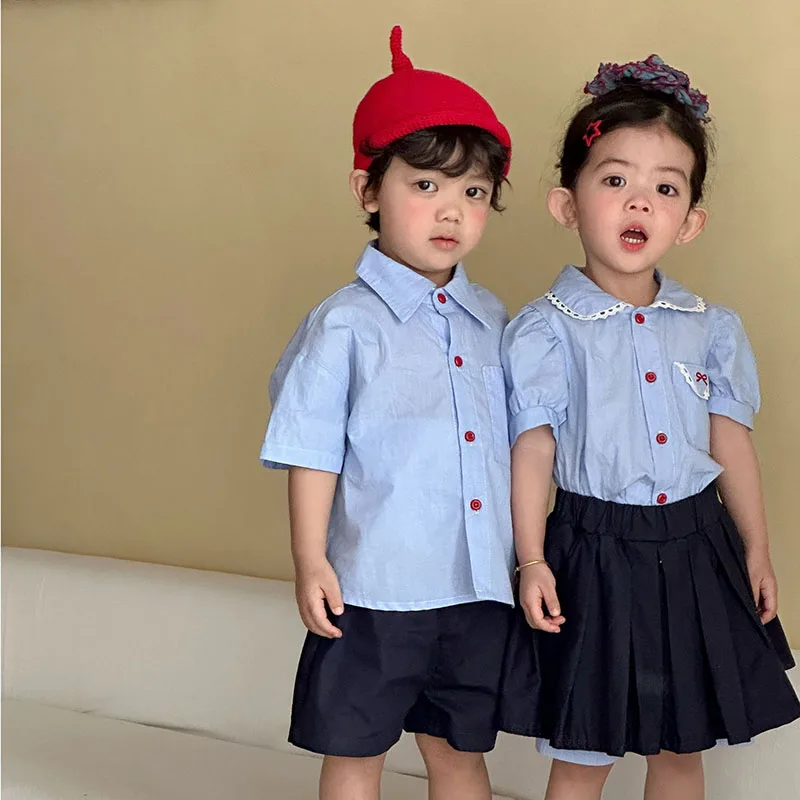 MILANCEL New Summer Girls Clothes Set 1-9T Thin Preppy Style Kids Boys Shirts +Shorts Cute Children Lace Outfit 2PCS