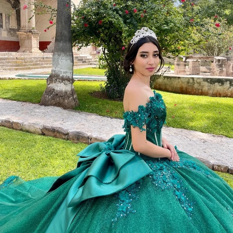 Vestidos de quinceañrea de princesa, Apliques de encaje con hombros descubiertos, verde esmeralda, dulce, 15, 16. °, fiesta de cumpleaños