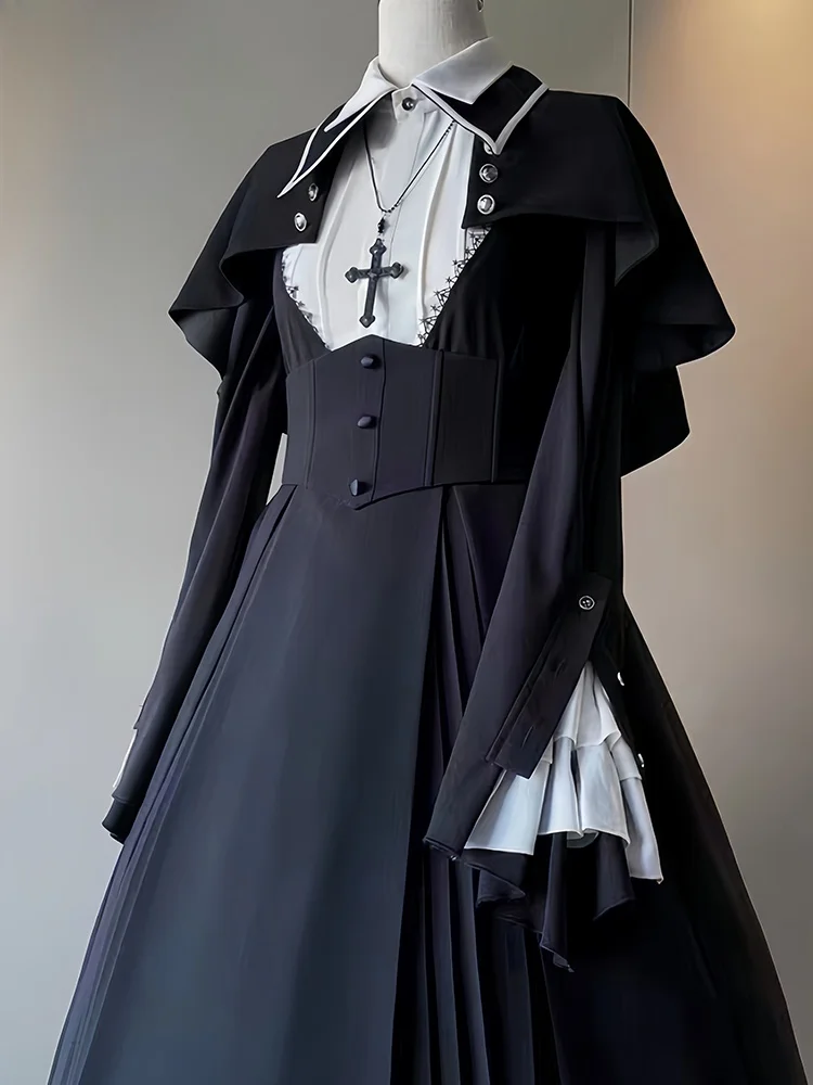 Costume de nonne gothique Lolita, ensemble complet de grande taille en Fiber de Polyester, Long Sve, coupe cintrée, ensemble de pièces t-shirt loween Cosplay Dr
