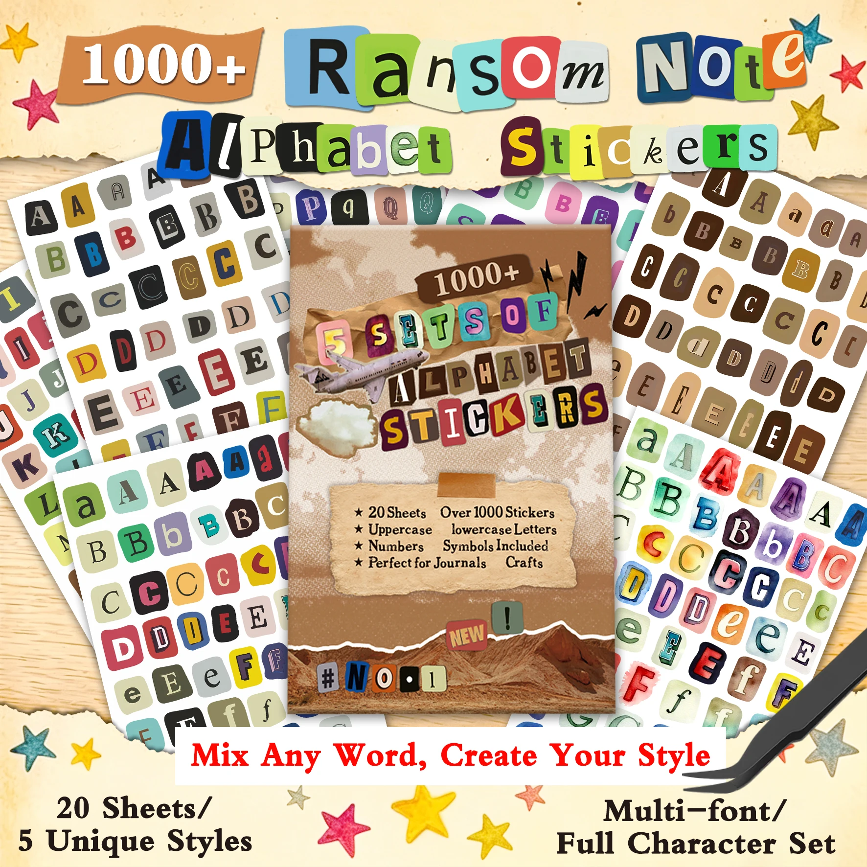 1000+ Watercolor Vintage Letter Number Graffiti Stickers Pack, Vinyl Decals for Journal & Notebook Decor