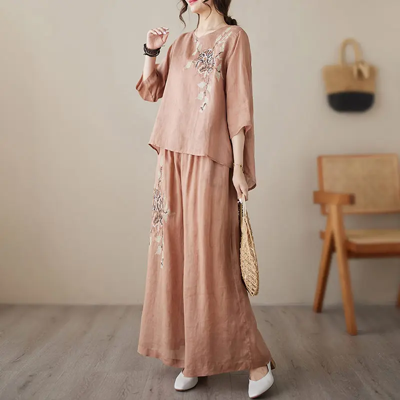 Summer Linen Casual Shirt and Pants Set for Women Retro Light Thin Embroidered Ramie Top  Trousers Loose Outfits Z1695