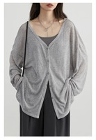 Long Sleeve Shirt Cardigan Women Thin Jacket Tops Sun Protection Clothing V-neck Sweater Buttons Korean Fashion Tops Black Gray