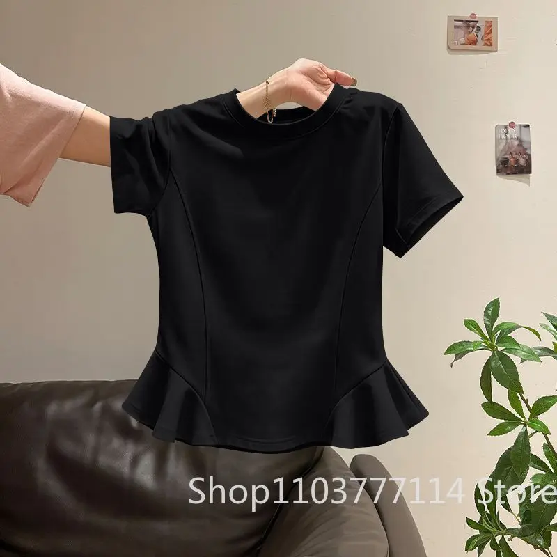 Sommerliches Damen-T-Shirt mit kurzen Ärmeln, einfarbig, lässige Kleidung, koreanische Version, schmal geschnitten, modisches Rundhals-Oberteil mit Rüschen – Detail 8