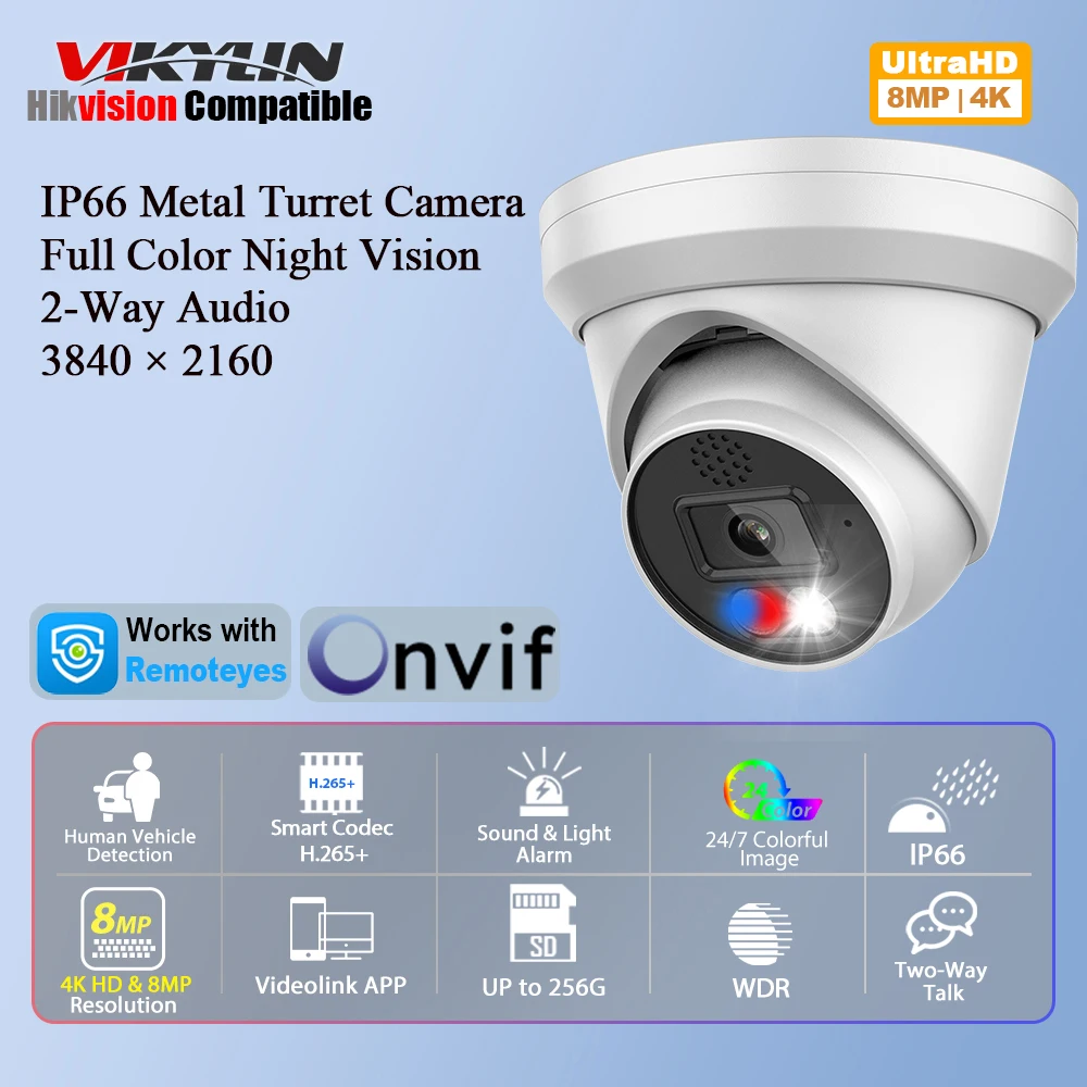 Cámara IP Vikylin 4K 8MP con Alarma, Visión a Todo Color, Audio Bidireccional, Detección de Personas y Vehículos, Vigilancia de Video para Exteriores, Cámara de Seguridad POE Onvif