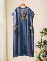 Vintage 100% ramie long robe national style embroidered patchwork loose Short sleeve long dresses fashion summer dresses