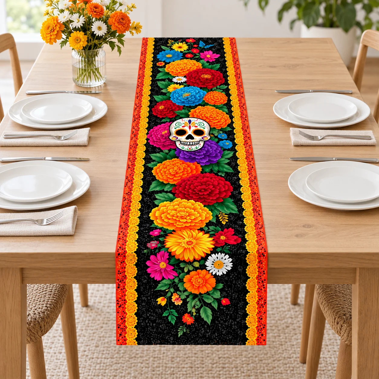 Linen Table Runner - Meksika Ölüler Günü Temalı Masa Örtüsü,
