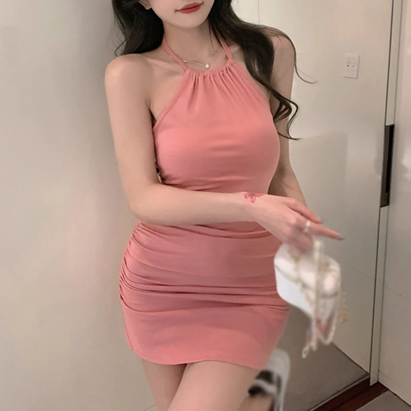 Sexy Large Open Back Hanging Neck Strap Knit Dress Women\'s Summer Slim Body Wrap Hip Dress