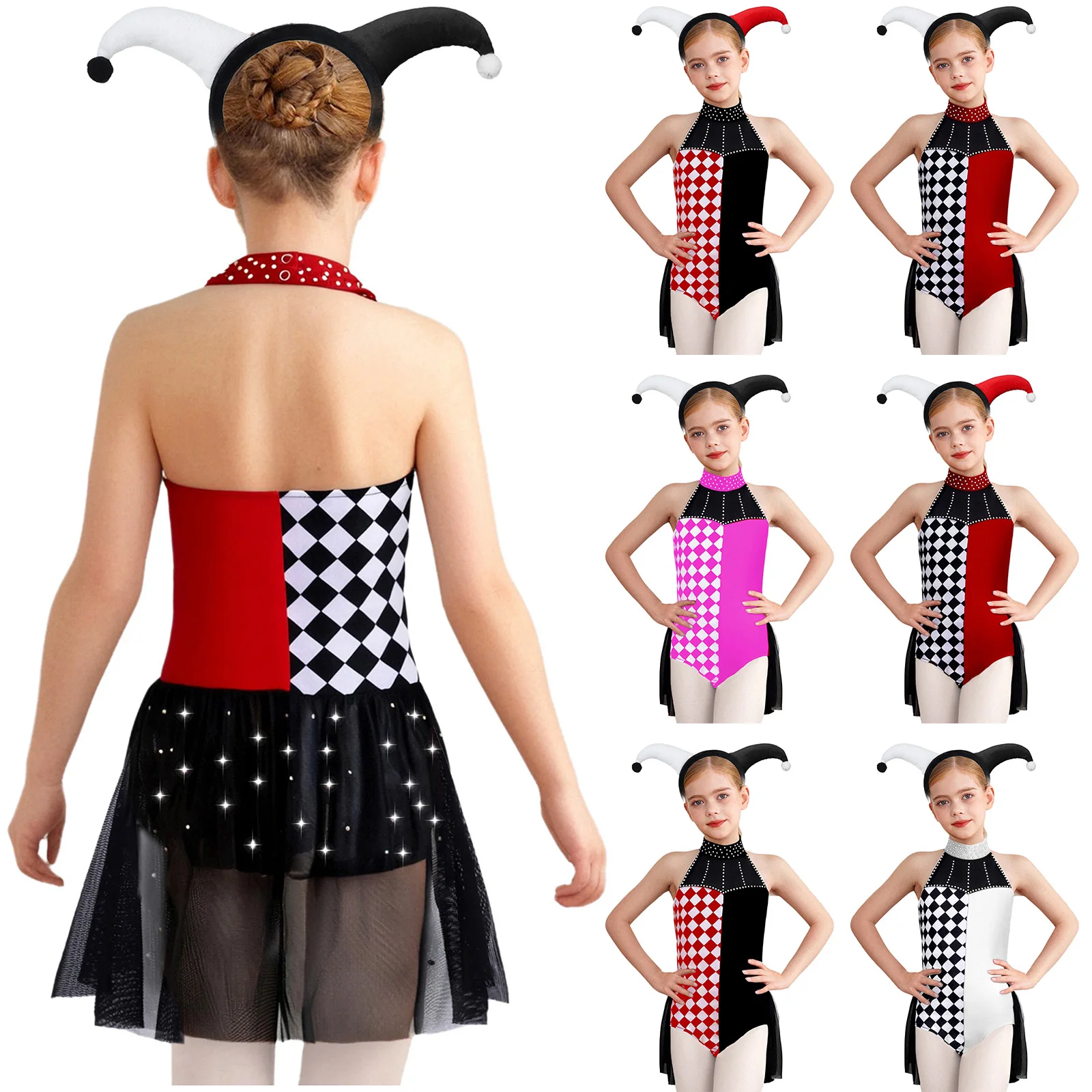 أطفال فتاة السيرك مهرج تأثيري أداء زي بلا أكمام شبكة حجر الراين فستان يوتار مع أغطية الرأس لكرنفال الهالوين