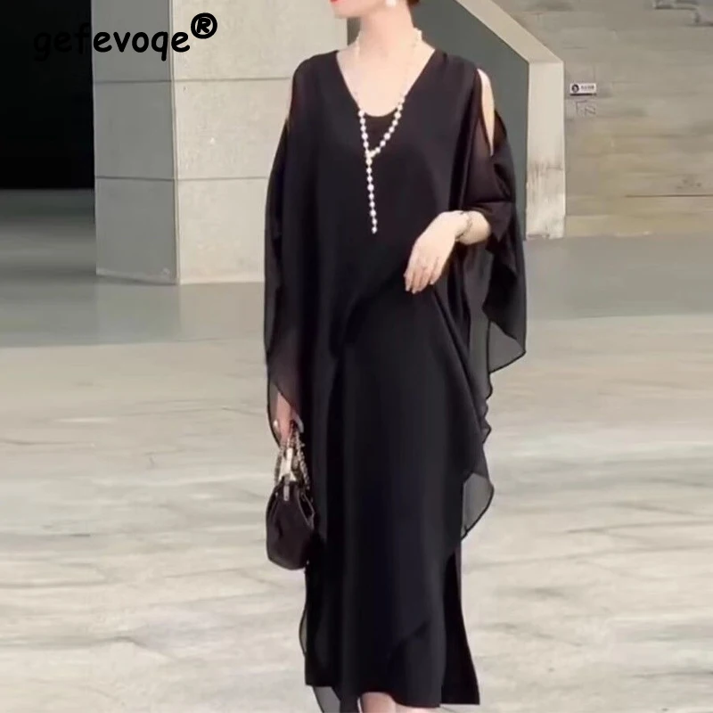 Mn-Robe mi-longue à manches courtes chauve-souris pour femmes, col en V, robe de soirée élégante, monochromatique, irrégulière, taille haute, sexy, creuse, été