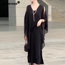 Stylish V Neck Sexy Hollow Elegant Party Dresses for Women Summer Solid Bat Short Sleeve Irregular High Waist Midi Dress Vestido