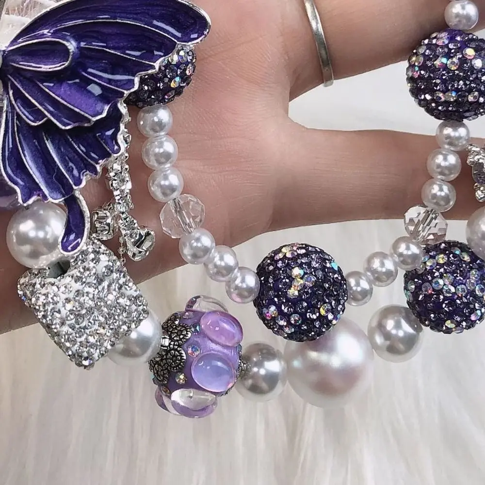 

Блестящая цепочка для телефона со стразами, двухслойная жемчужная бабочка, брелок для ключей, ремешок на запястье, ремешок для мобильного телефона с кисточками и бисером