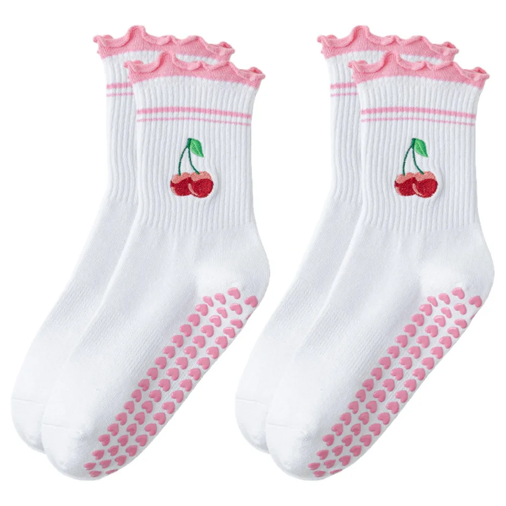 

2pairs Heart Silicone Sock Sole Women Yoga Socks Embroidery Cherry Pattern Pilates Socks Cotton Sweet Non-Slip Socks Indoor