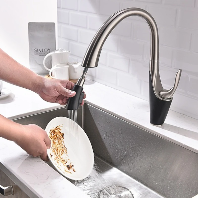 

Кухонный выдвижной смеситель, вращающийся телескопический смеситель для раковины с защитой от брызг, двойной выходной смеситель для горячей и холодной воды