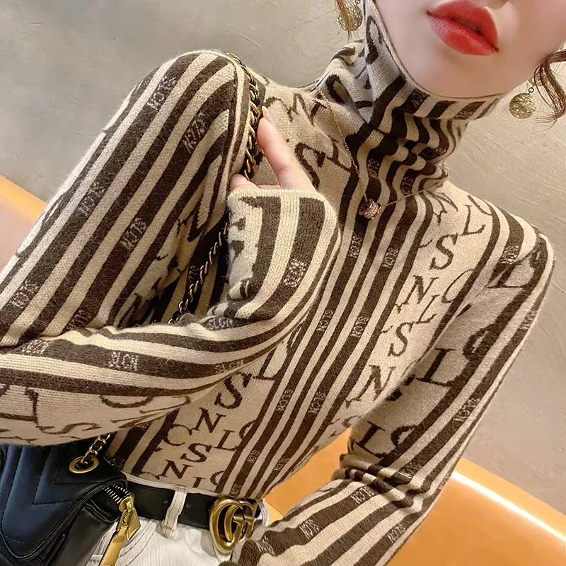 Women Letter Jacquard Turtleneck Pullovers Vintage Stripes Elastic Slim Sweaters Autumn Winter Soft Wool Knitwear