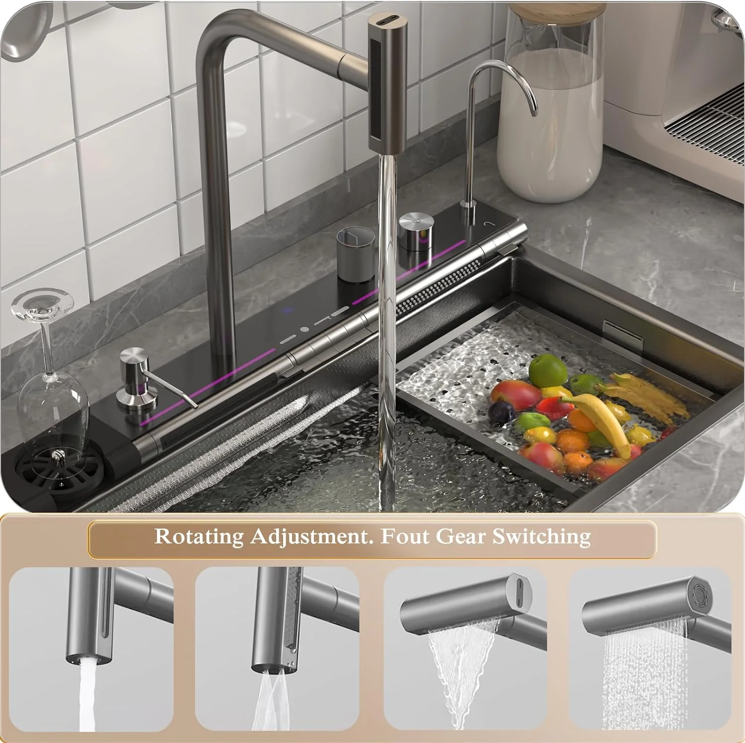 Kitchen Sink Digital Display Embossed Large Single Groove honeycomb Black Nano Raindance Waterfall Sink with Pressurized Cup