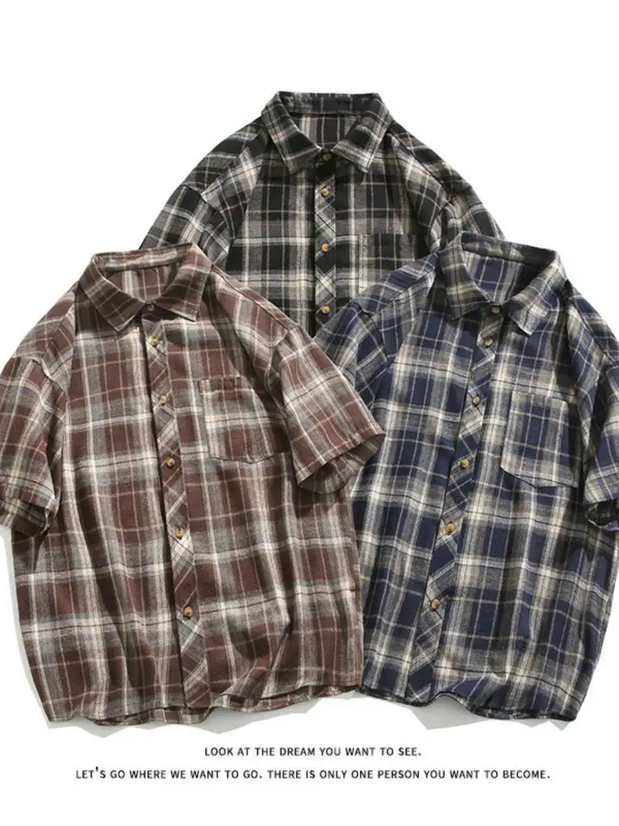 

Мужская повседневная рубашка в клетку свободного кроя с отложным воротником в стиле ретро, корейский стиль, большие размеры, для повседневной носки, весенний сезон