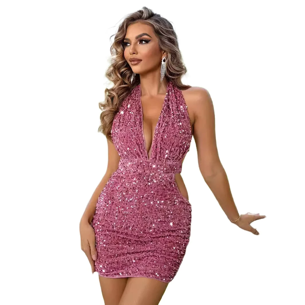 

Sexy Open Back Deep V-neck Waist Cut Sequined Halter Short Party Dress