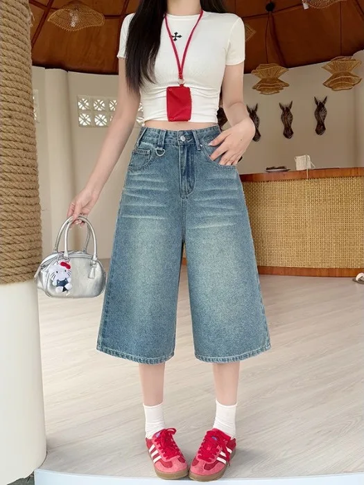 

plus Size Blue Wide Leg Seven-Foot Pants High Waist Loose Slimming Design Casual Denim Shorts Summer New Style Commute Style