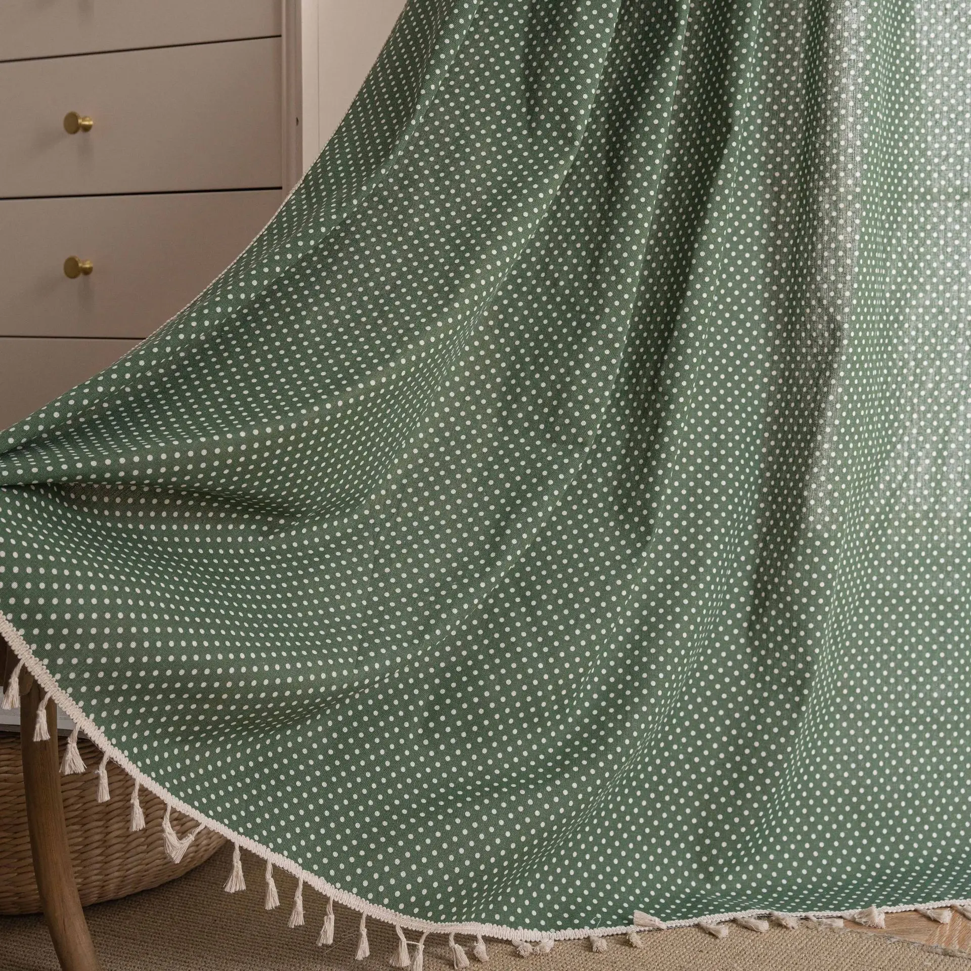 

American Cotton Linen Curtains Farmhouse Style Darkening Curtains with Tassel Rod Pocket Window Drapes for Dining Living Bedroom