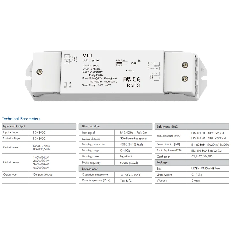 V1-L LED Gradateur 12-48V Unique document Tactile Gradateur À Distance Commutateur 2.4G RF Smart Wifi Sans Fil PWM LED Bande Lumière Gradateur À