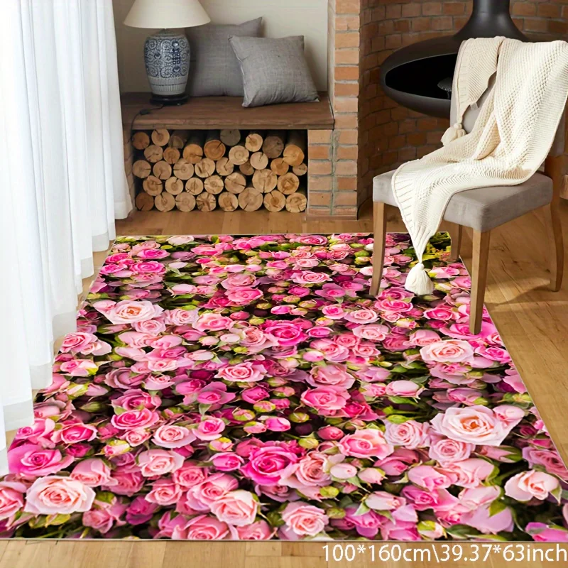 VIKAMA Romantic Rose Floral Area Rug Dense Pink Red Rose Blossom Flower Print Non‑Slip Washable Living Room Home Floor Mat