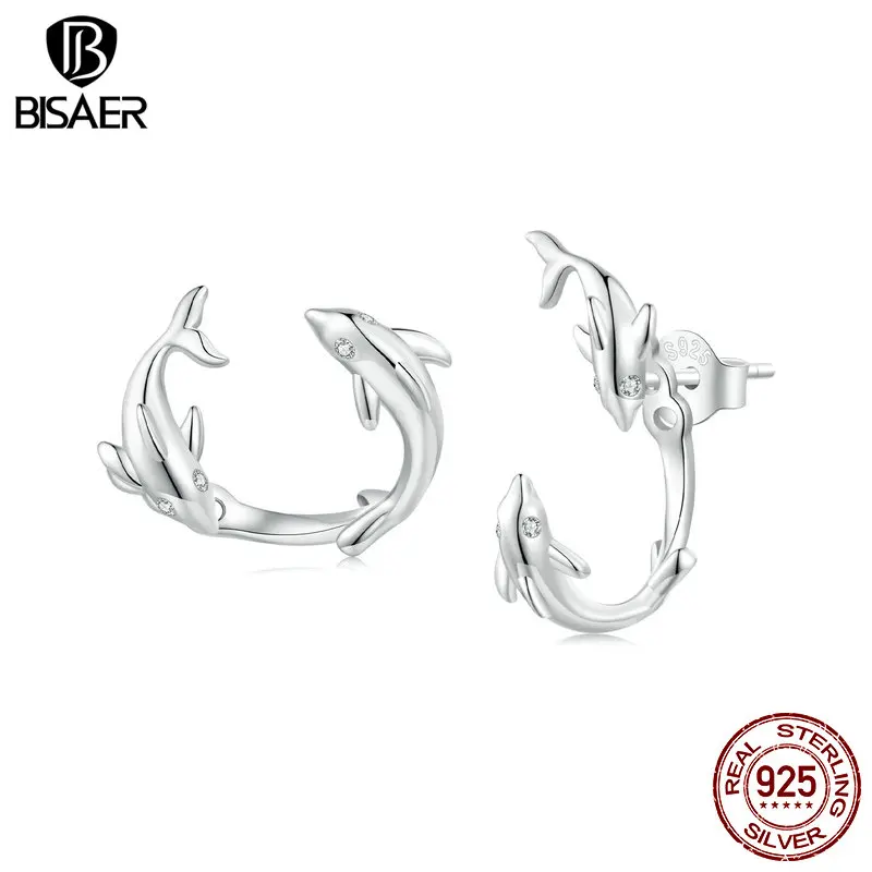 BISAER 925 Sterling Silver Dolphin Stud Earrings Detachable Ear Clip Plated Platinum For Woman Party Fine Jewelry EFE922