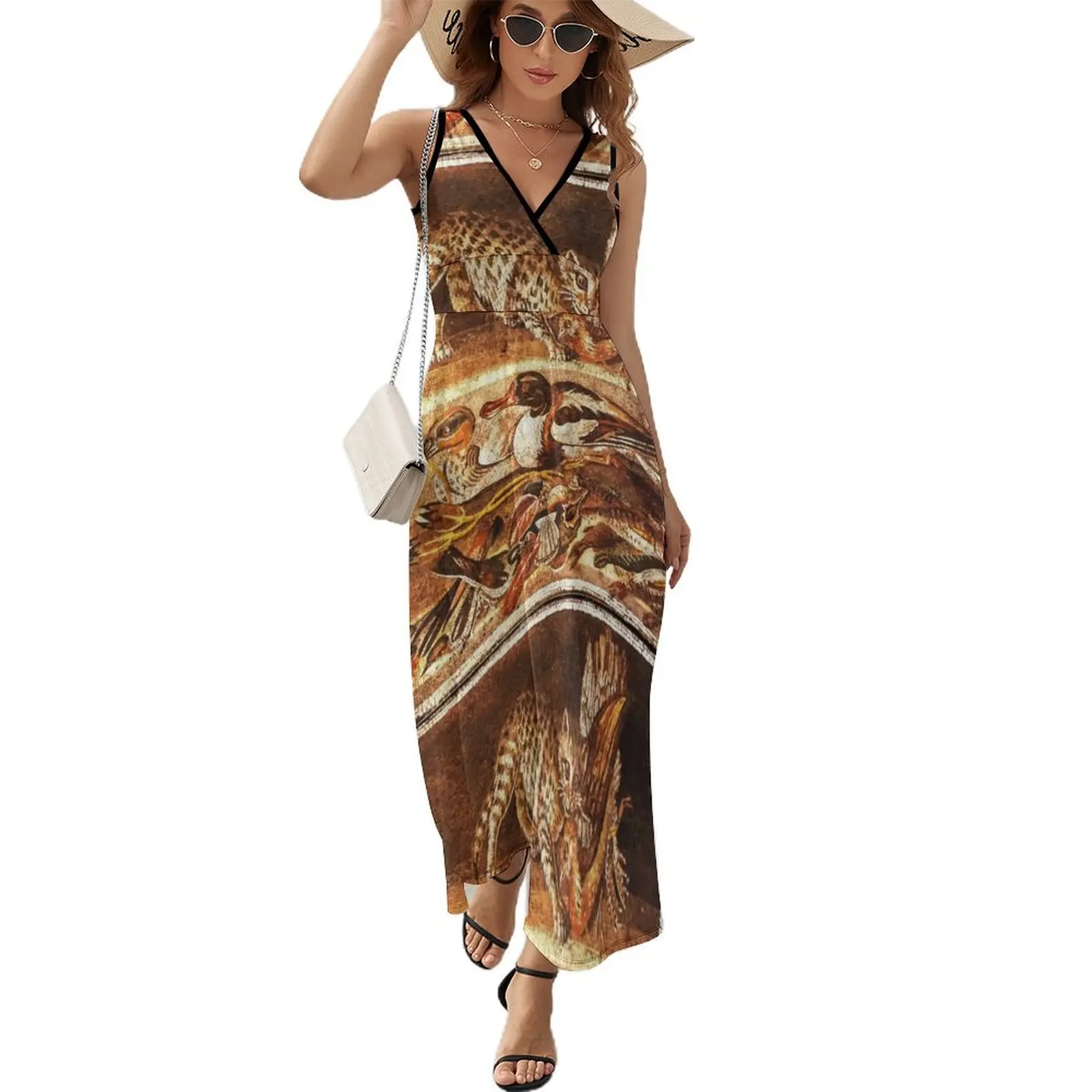 

POMPEII ANIMALS COLLECTION, ANTIQUE ROMAN MOSAICS ,WILD CAT WITH QUAIL,BIRDS,DUCKS AND FISHES Sleeveless Dress evening dress