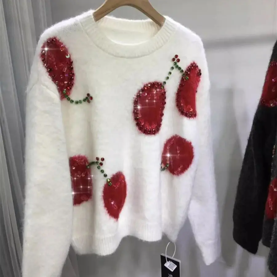 Hot Luxury Brand Design Elegant Sweater Women Runway Sequin Diamond Cherry Pattern Loose Warm Printed Knitted Pullovers Tops