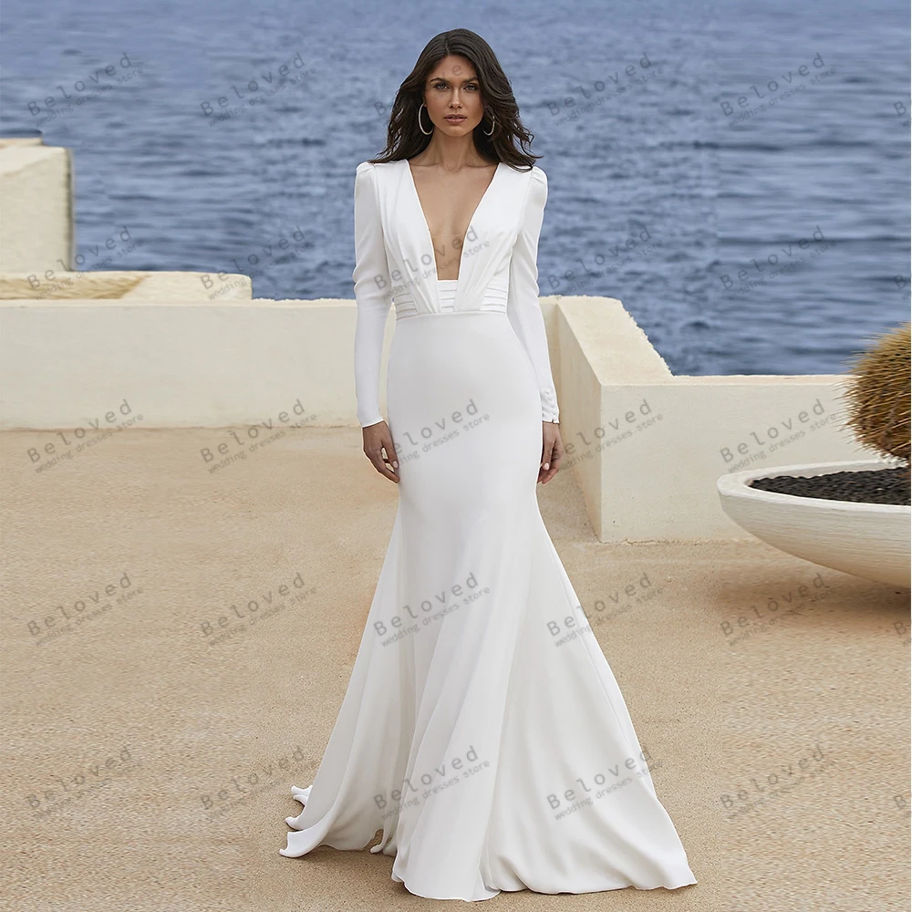 Modern Wedding Dresses Charming Bridal Gowns Full Sleeves Backless Deep V-Neck Sheath Mermaid Glamorous 2024 Vestidos De Novia