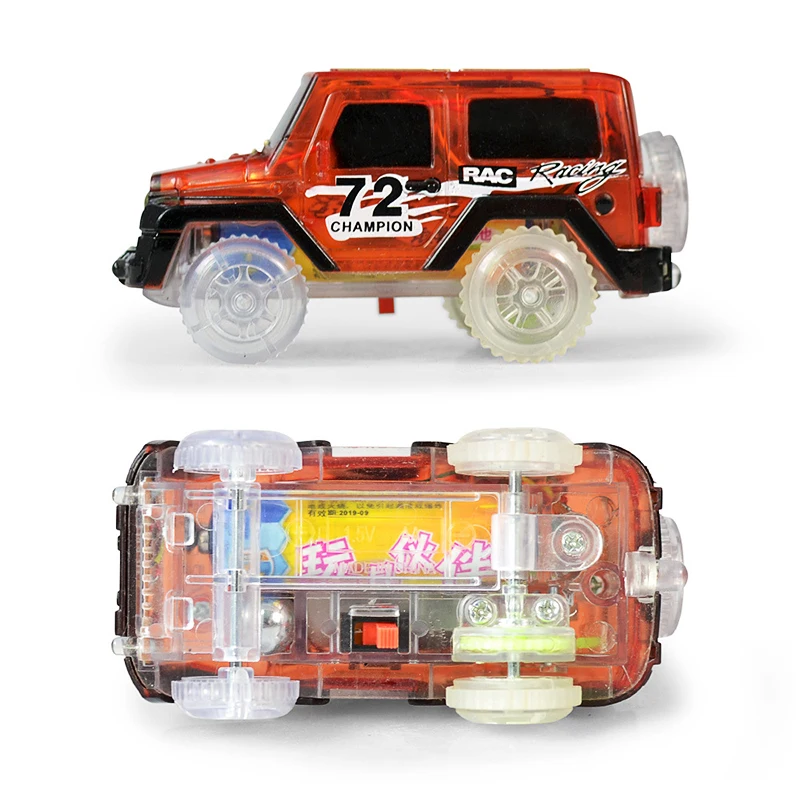 1Pcs LED Light Up Cars For Glow Race Track Electronic Car Toy Flashing Kid Railway Luminous Machine Track Car Boys Gift