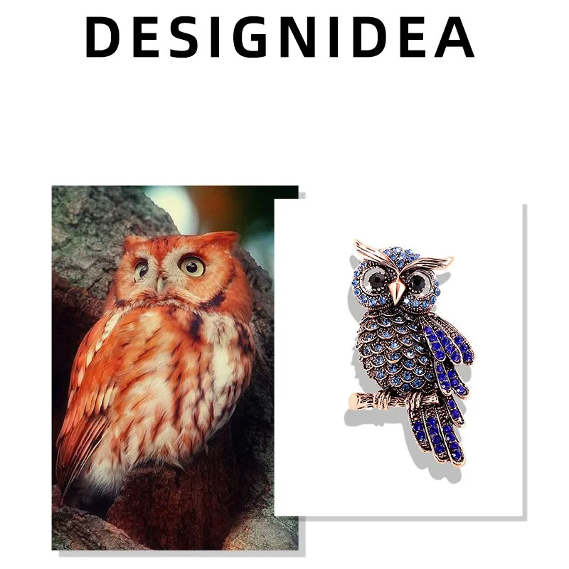 Vintage Classic Metal Rhinestone Owl Brooches For Women Luxury Design Temperament High Grade Animal Brooch Pins Jewelry Gifts