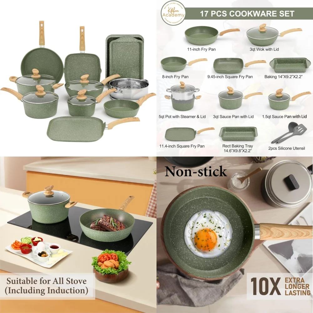

Cookware Sets17 Piece Nonstick Granite Coated Cookware Set with Pots Pans and Bakeware Green