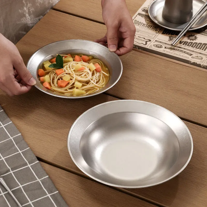 Retro Stainless Steel Pasta Plate Large Size Shallow Dish Household Salad Bowl Thickened Vintage Western Plate Kitchen Tableware